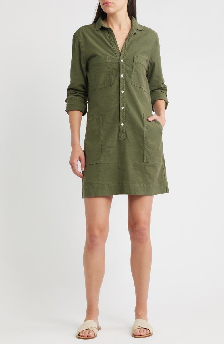 Frank & Eileen Ireland Long Sleeve Stretch Cotton & Linen Shirtdress, Main, color, Hunter Green