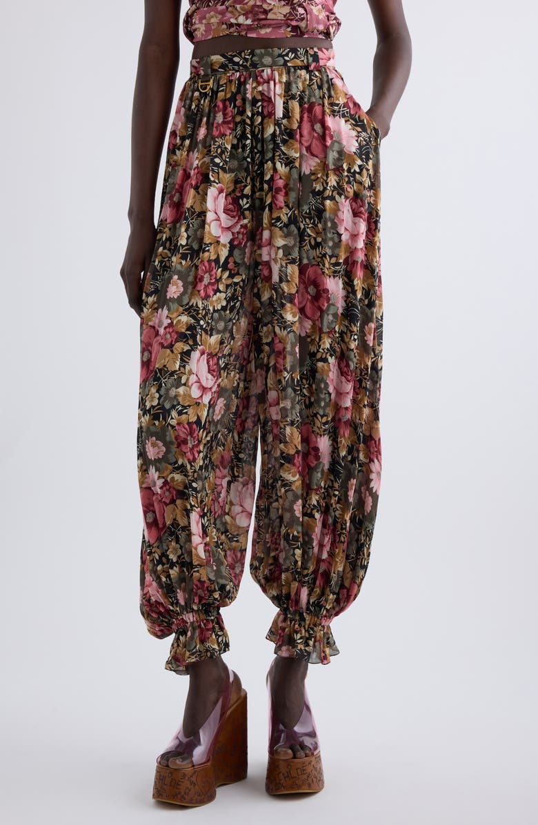 Chloé Floral Print Silk Crop Pants, Main, color, Black