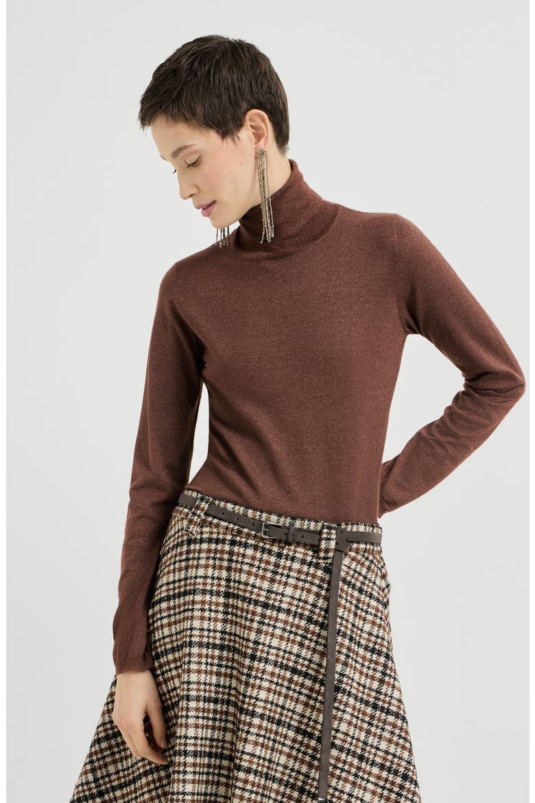 Sparkling cashmere and silk lightweight turtleneck sweater, Main, color, Brown