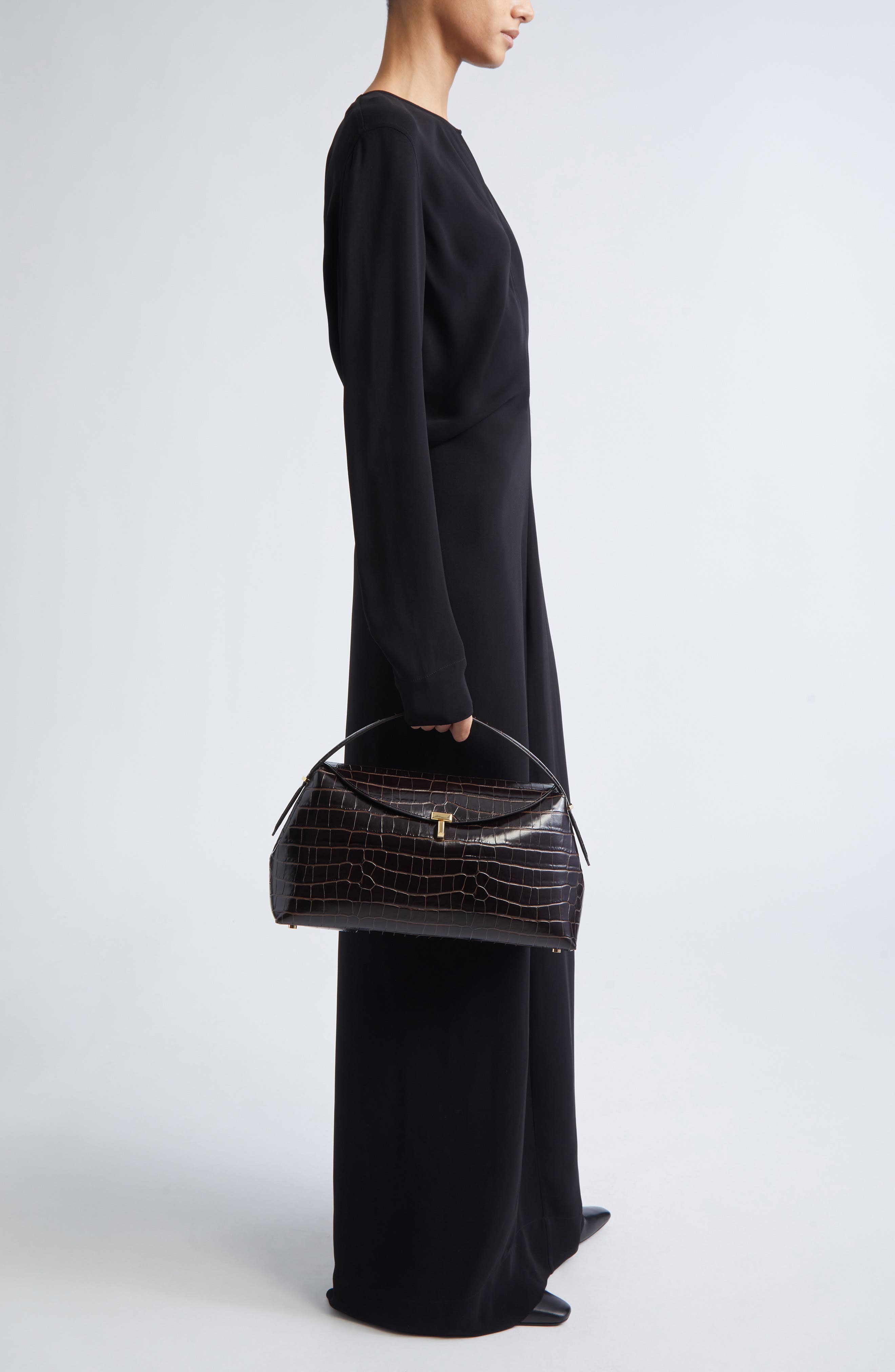 TOTEME T-Lock Croc Embossed Leather Top Handle Bag, Alternate, color, Dark Brown