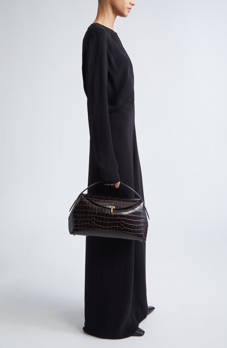 TOTEME T-Lock Croc Embossed Leather Top Handle Bag, Alternate, color, Dark Brown