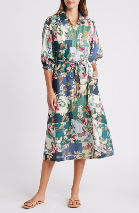 High Tide Floral Tie Belt Midi Shirtdress