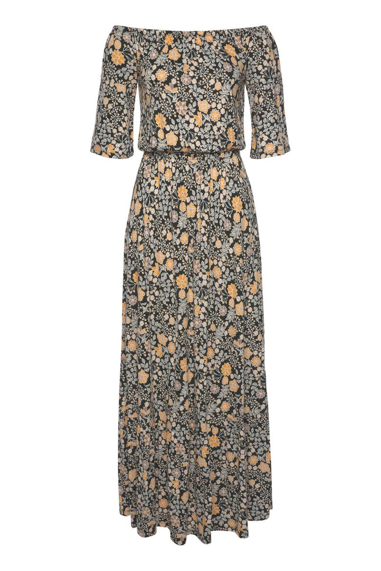Floral Off Shoulder Maxi Dress, Alternate, color, Black & Yellow