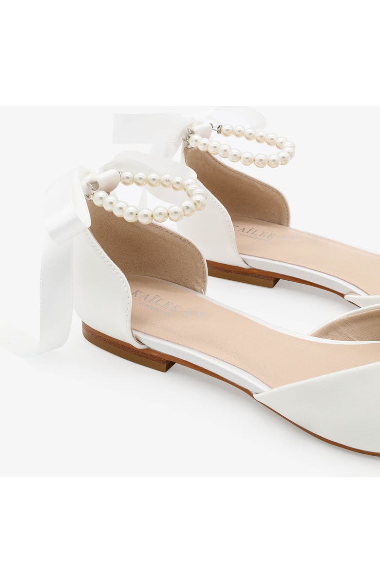 Kailee P Bella Satin Pointy Toe Flats with All Pearls Ankle Strap, Alternate, color, White