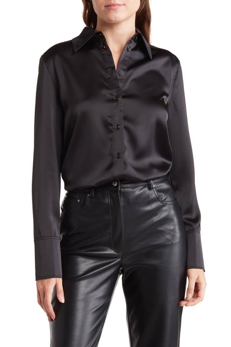 Satin Long Sleeve Blouse, Main, color, JET BLACK