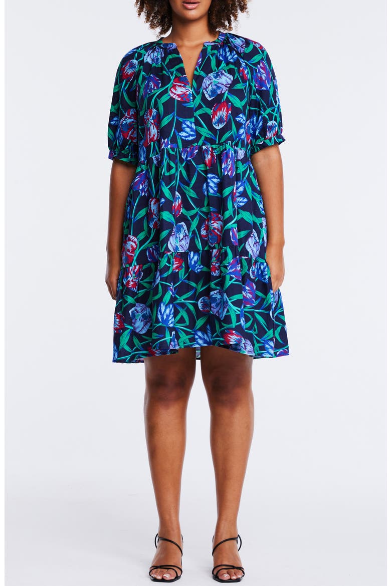 Nautical Flower Linen Blend A-Line Dress, Main, color, NAVY/ GREEN
