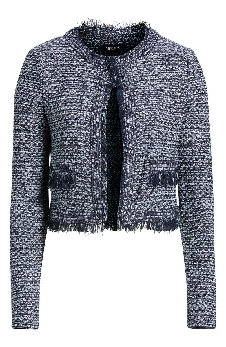 Misook x Lani Lynn Fringe Trim Tweed Jacket, Alternate, color, Moonlit Navy/Blue Frost/Black