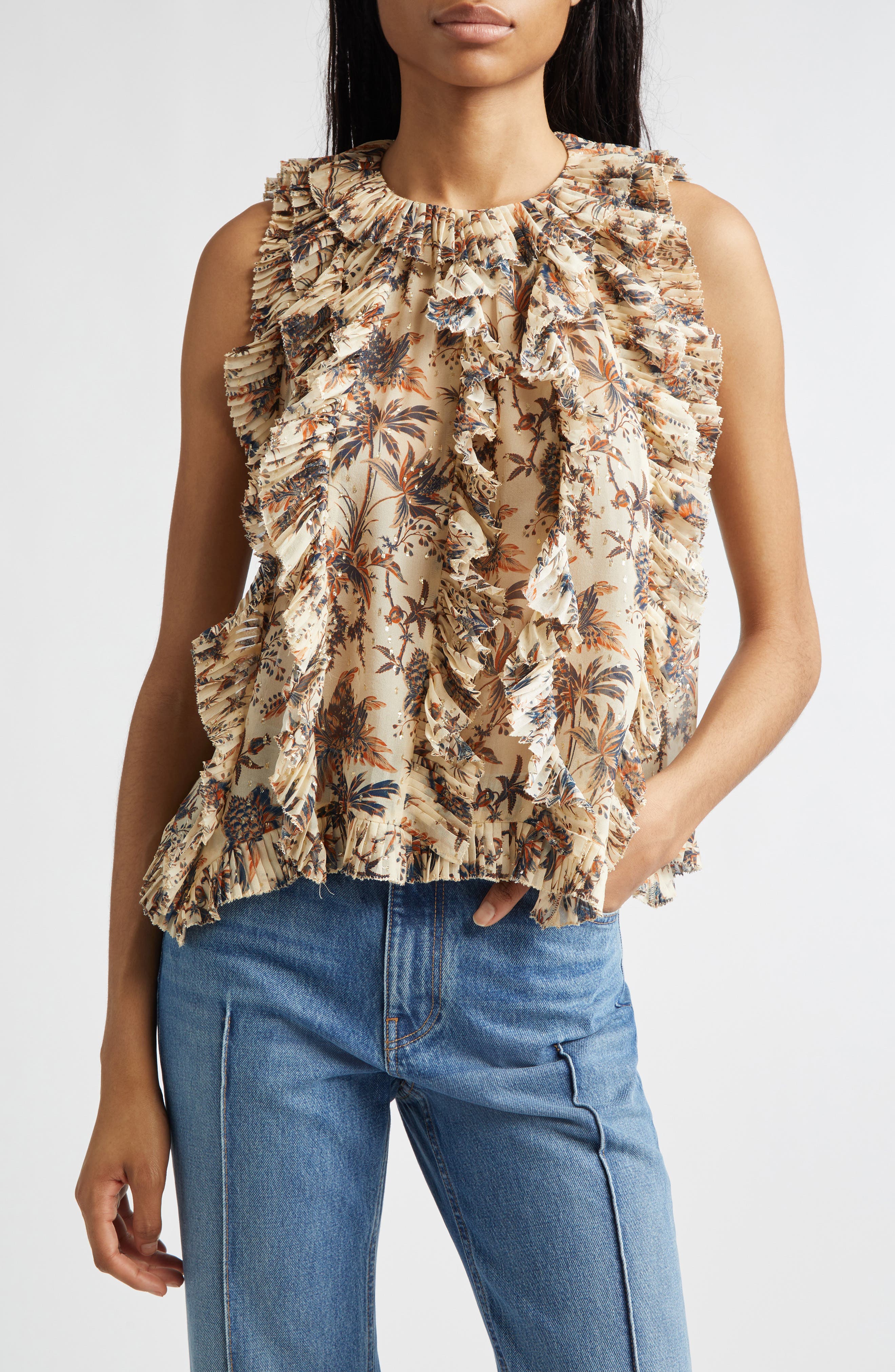 Sabra Floral Metallic Sleeveless Silk Blend Top