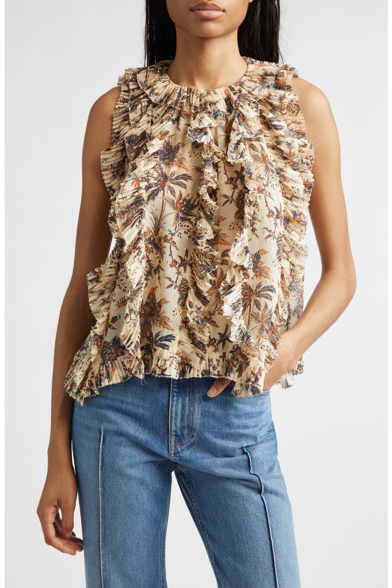 Sabra Floral Metallic Sleeveless Silk Blend Top, Main, color, CAMEO