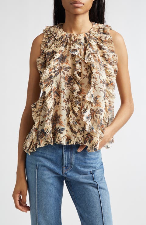 Sabra Floral Metallic Sleeveless Silk Blend Top