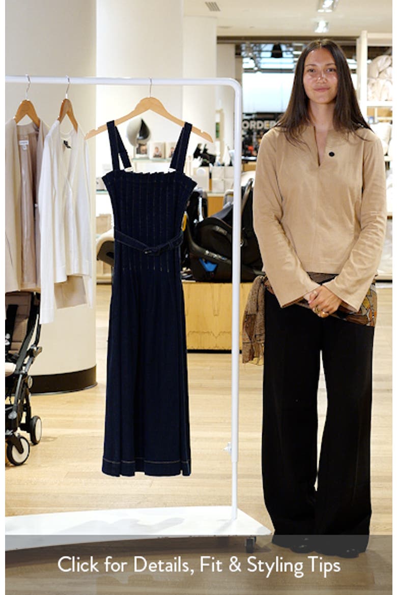 Pleated Belted Cotton Blend Denim Midi Dress video