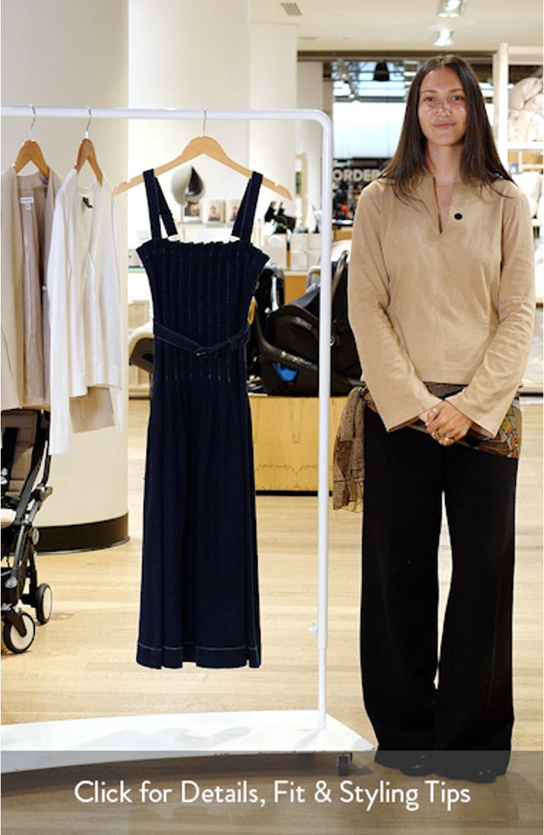 Pleated Belted Cotton Blend Denim Midi Dress, sales video thumbnail