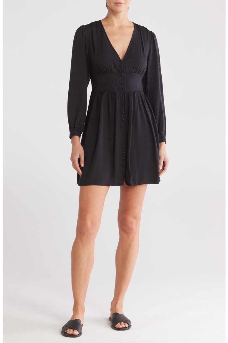 Long Sleeve Button Front Dress, Main, color, BLACK