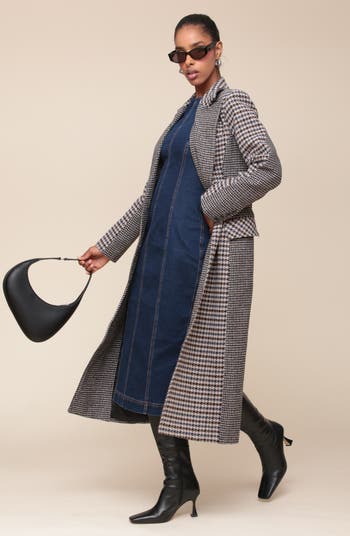 Colorblock Houndstooth Double Breasted Coat
