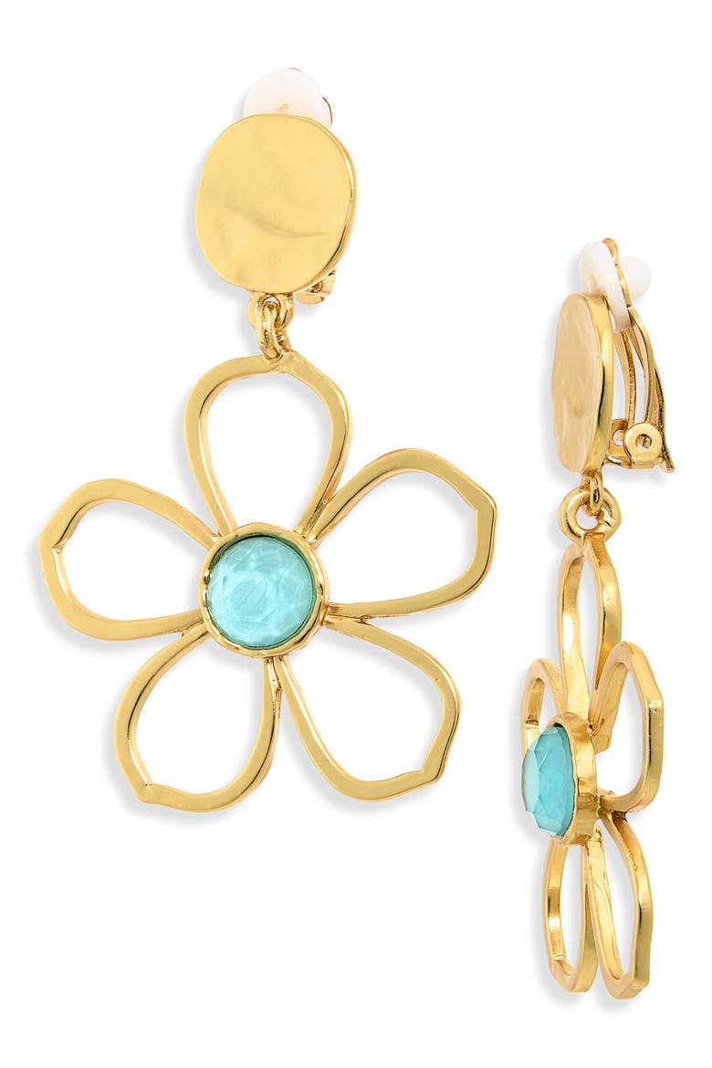 Bloom Drop Clip-On Earrings, Main, color, GOLD/ AQUA