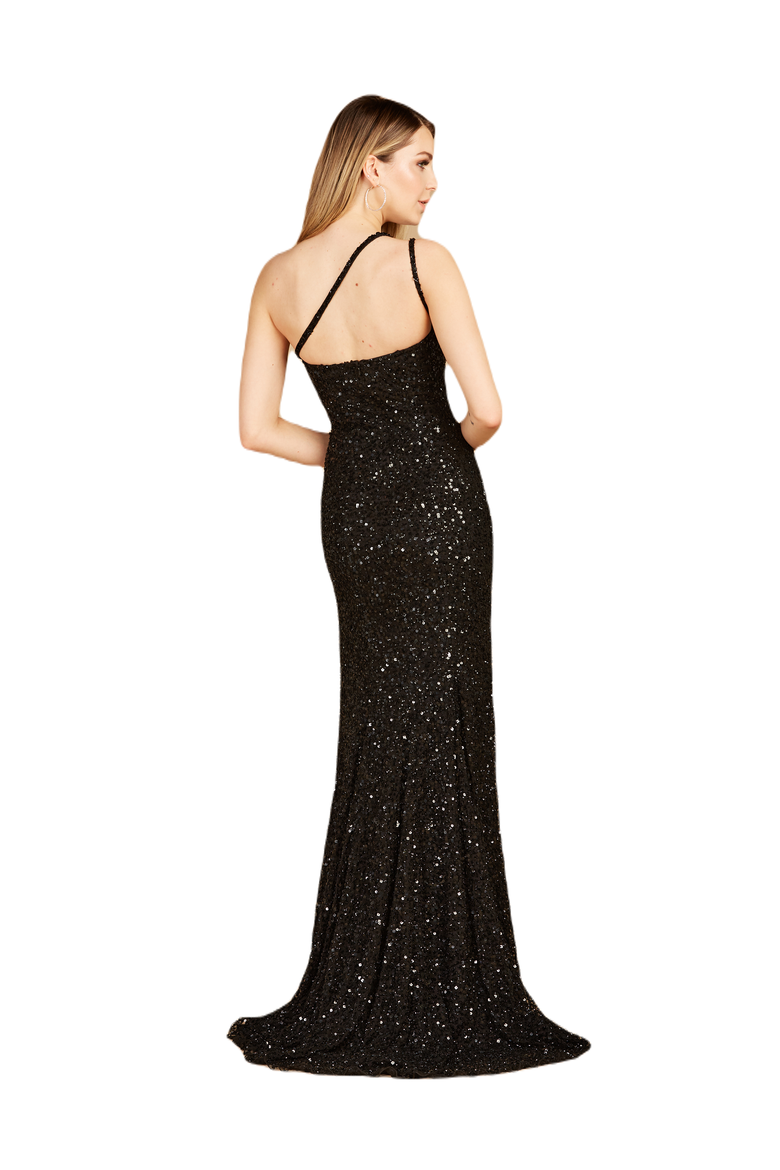 One-Shoulder Beaded Gown with Slit, Alternate, color, Black