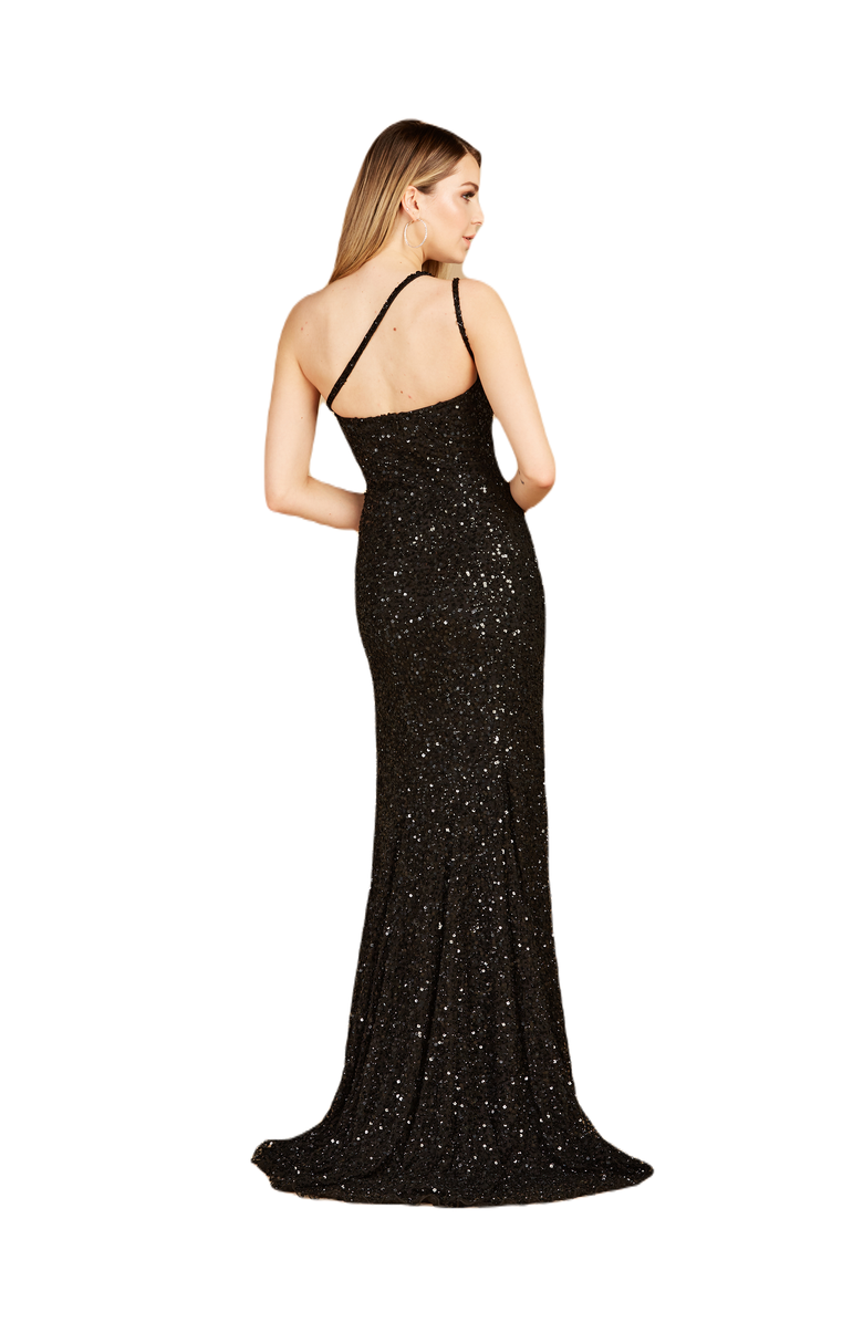 LARA New York One-Shoulder Beaded Gown with Slit, Alternate, color, Black