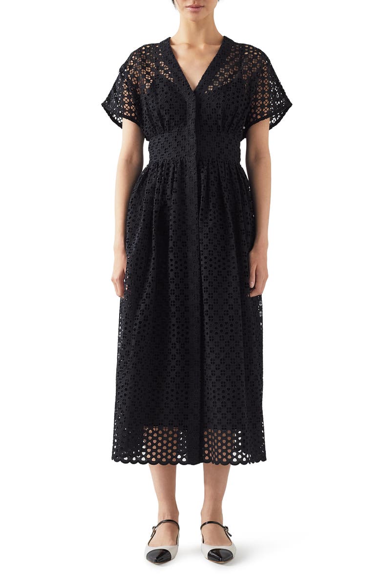 LK Bennett Vivienne Broderie Anglaise Midi Dress, Main, color, Black