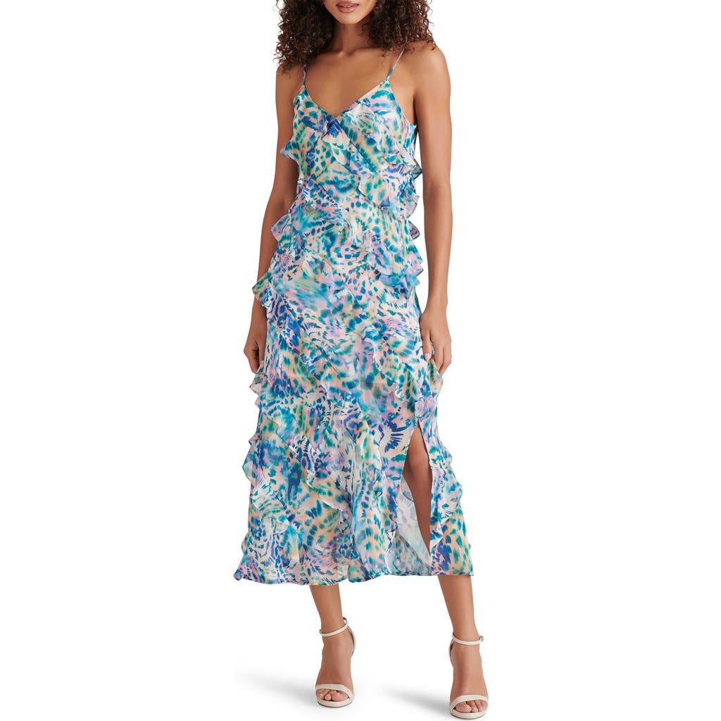 Steve Madden Dion Tiered Ruffle Maxi Slipdress In Blue Coral