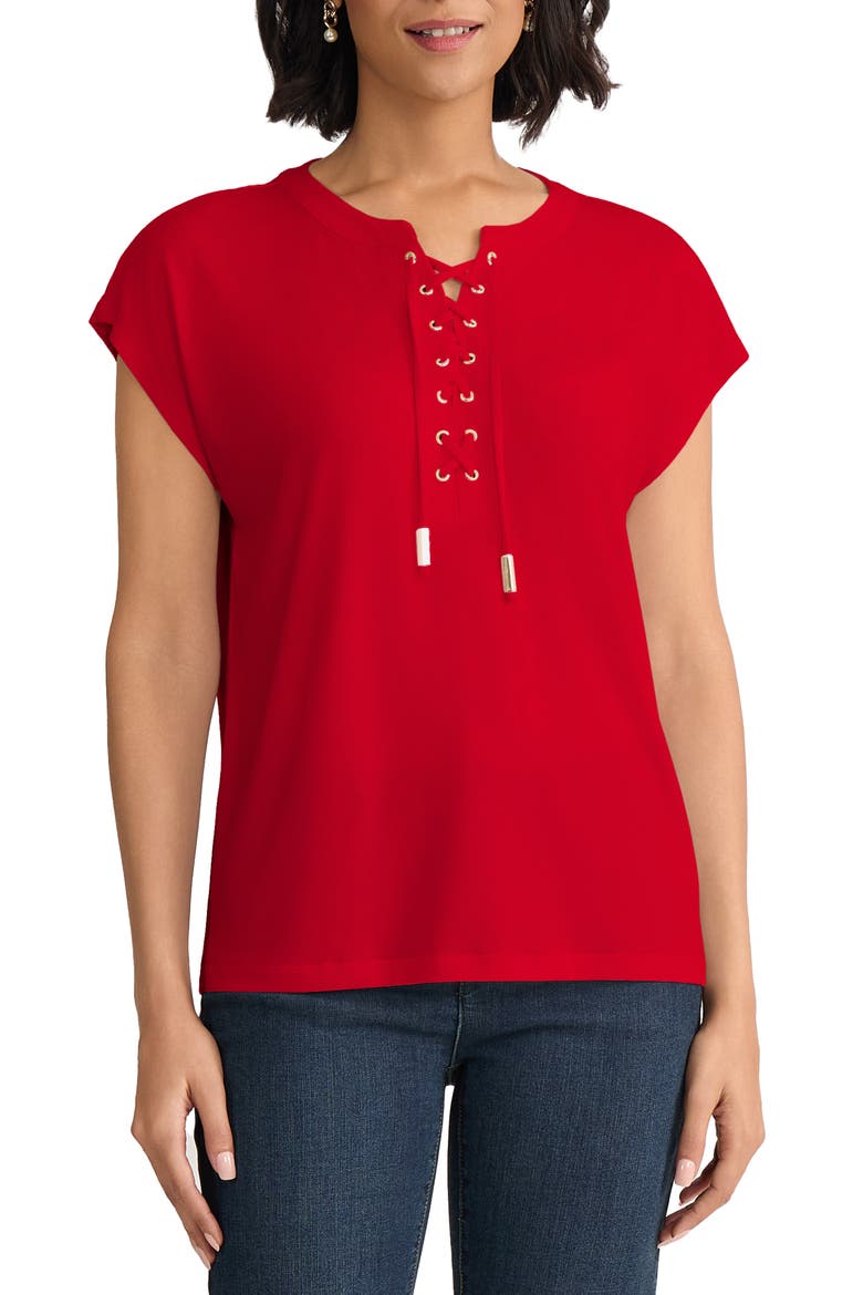 Lace-Up Crepe Top, Main, color, ROUGE