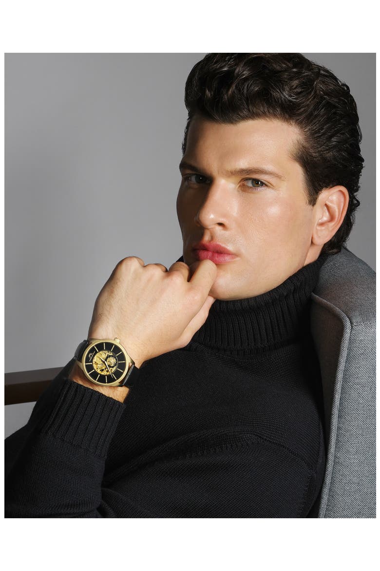 Cassius Automatic Leather Strap Watch, 45mm, Alternate, color, GOLD AND BLACK
