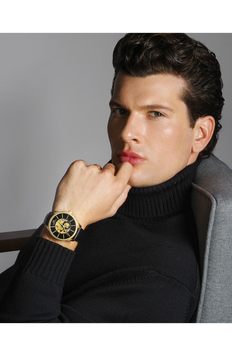 PORSAMO BLEU Cassius Automatic Leather Strap Watch, 45mm, Alternate, color, Gold And Black