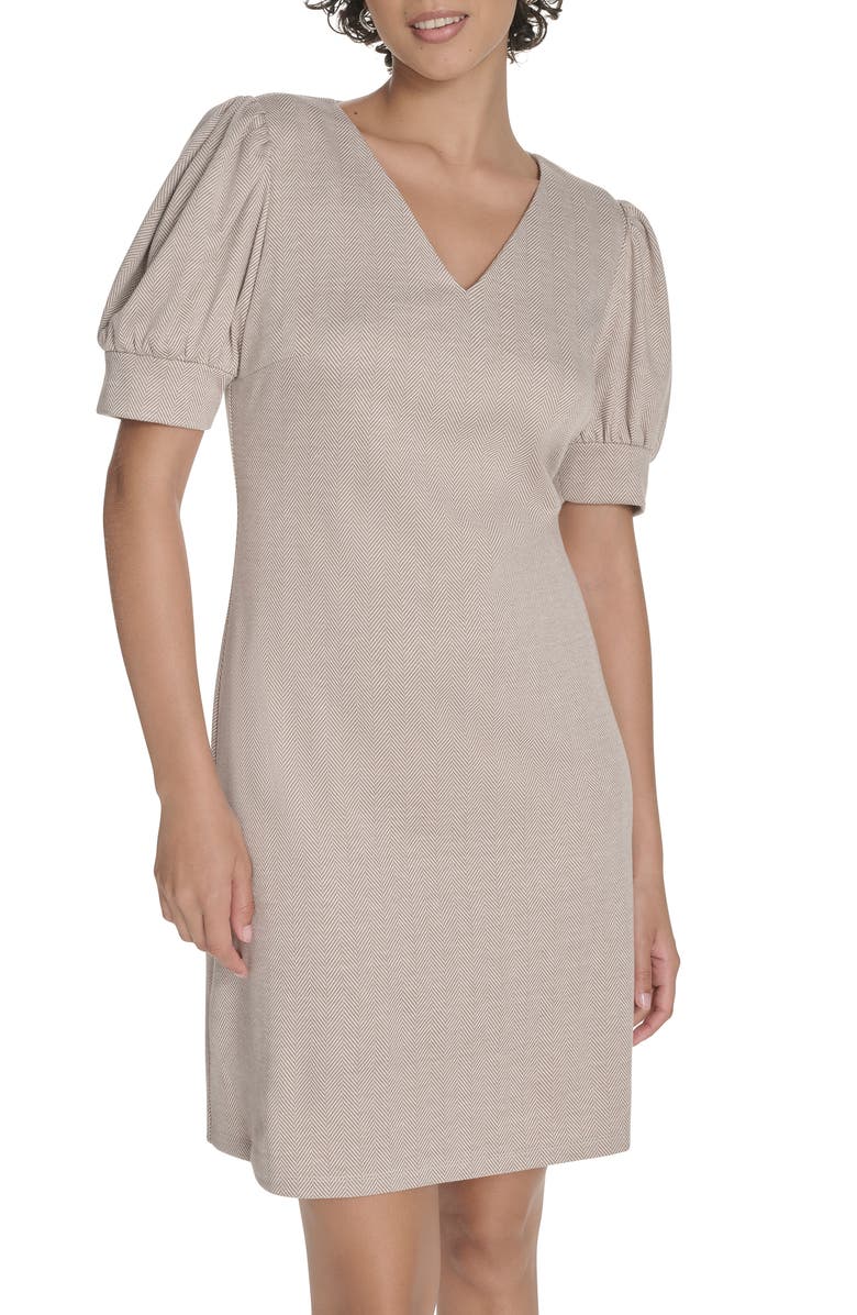Tommy Hilfiger Herringbone Puff Sleeve Shift Dress, Alternate, color, Light Beige.ivory