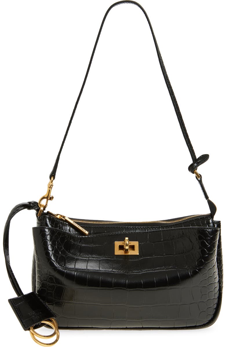 Balenciaga Rodeo Sling Croc Embossed Leather Pouchette, Main, color, Black