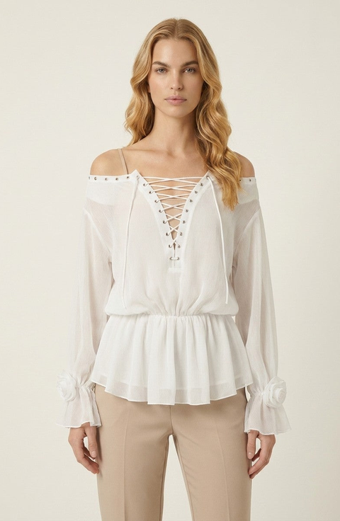 Elegant Lace-Up Peplum Blouse with Long Sleeves