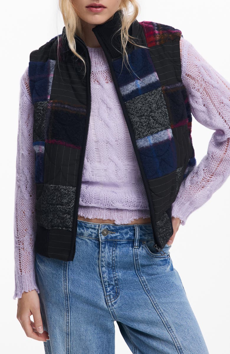 Desigual Padded Crop Jacket with Removable Sleeves & Hood, Alternate, color, Black