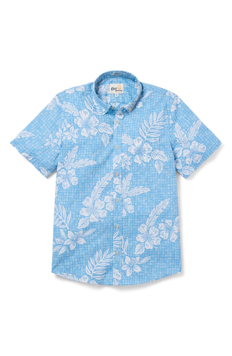 Reyn Spooner Pua Tapa Tailored Fit Short Sleeve Button-Down Shirt, Alternate, color, Vallarta Blue