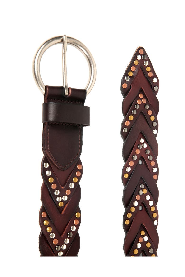 Barracuda Genuine Leather Woven Distressed Studded Belt, Alternate, color, Coffee