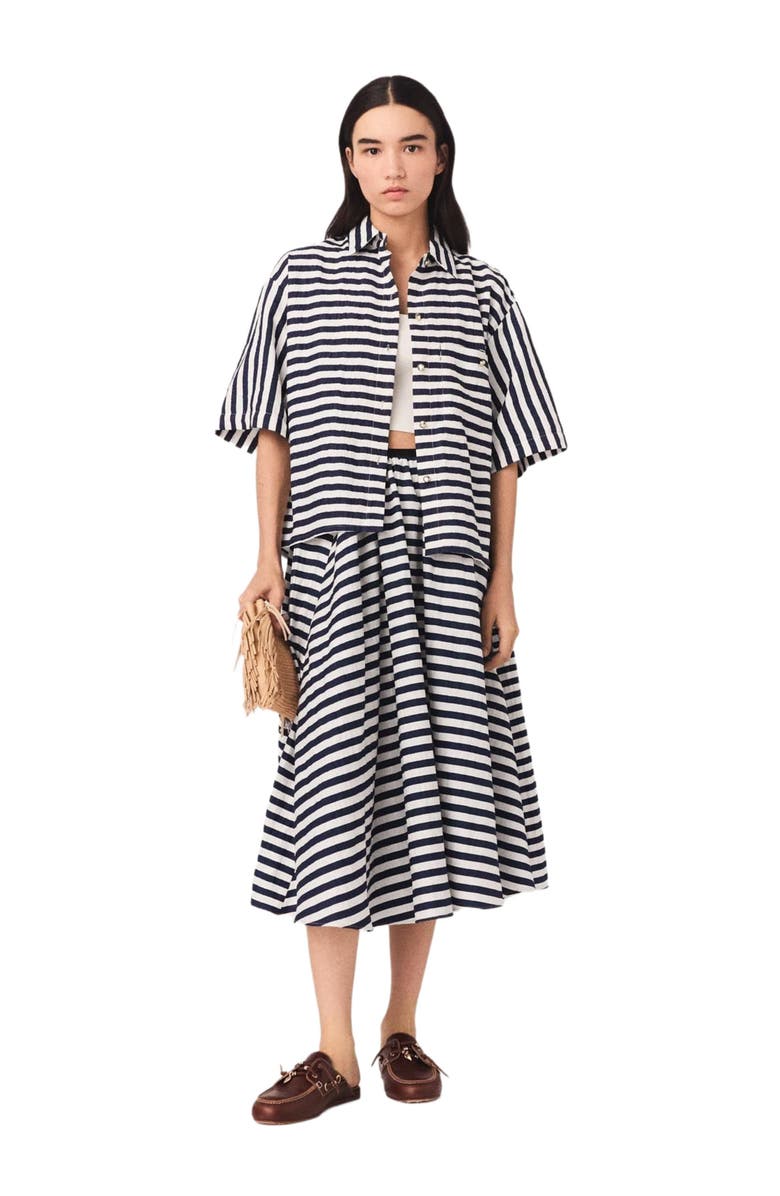 maje Linen-blend midi skirt, Main, color, White/Blue