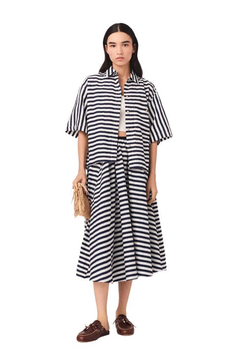 Linen-blend midi skirt