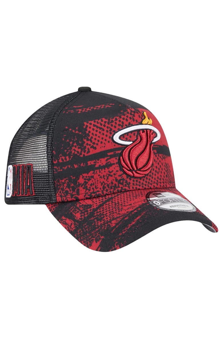New Era Men's New Era Black/Red Miami Heat Tip Off A-Frame Trucker 9FORTY Adjustable Hat, Main, color, Black
