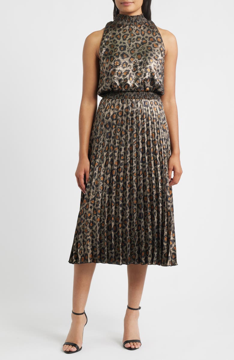 Sam Edelman Animal Metallic Pleated Sleeveless Midi Dress, Main, color, Gold/ Bronze