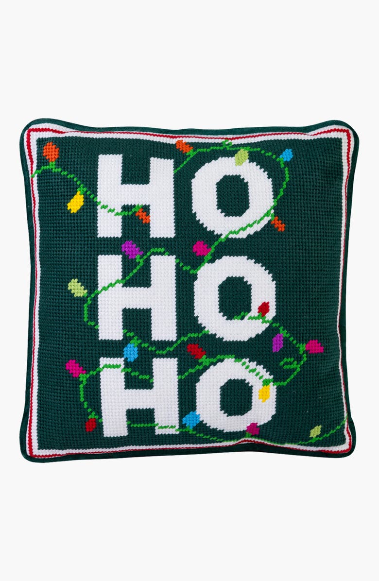 Furbish Ho Ho Ho Needlepoint Pillow, Main, color, Green