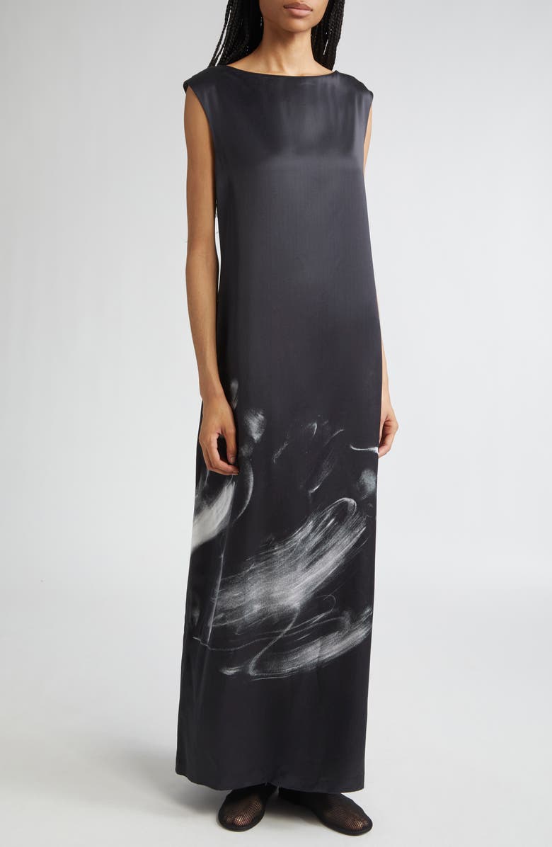 Lafayette 148 New York Charcoal Print Bateau Neck Gown, Main, color, 