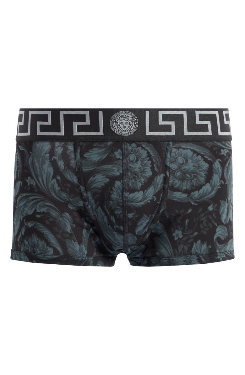 Versace Barocco Stretch Cotton Trunks, Alternate, color, Black Grey