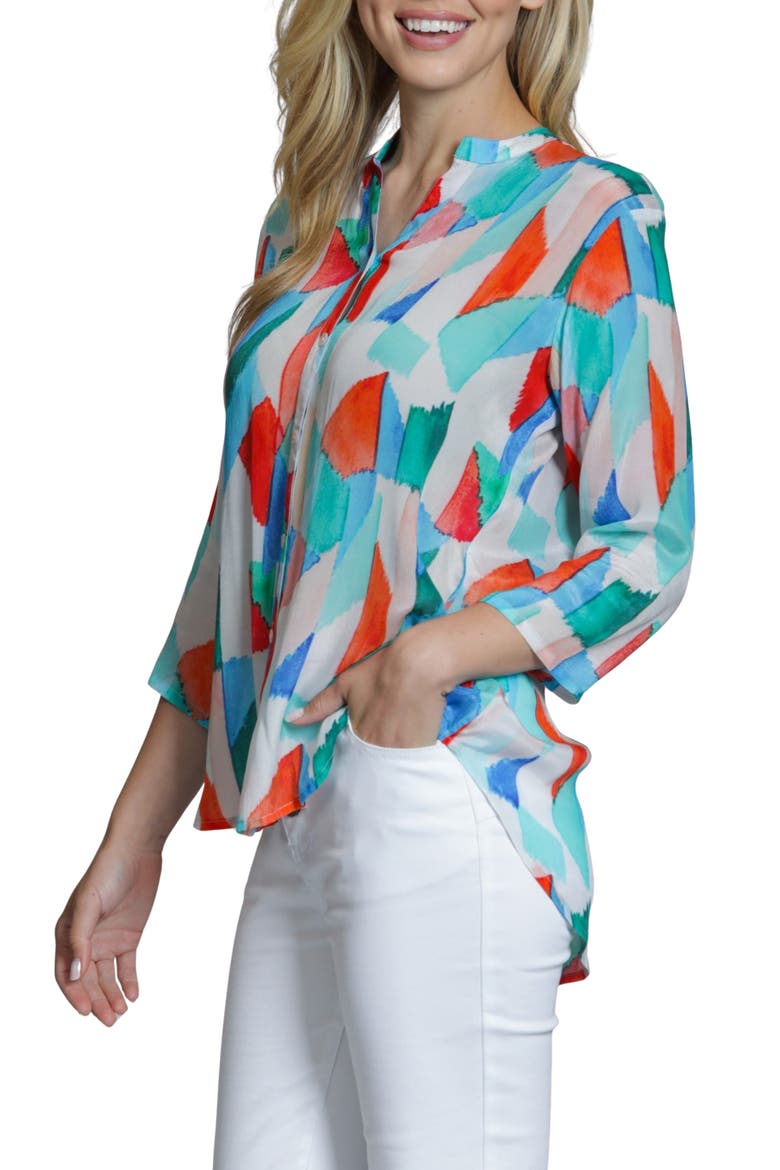Mixed Stripe Mandarin Collar Button-Up Shirt, Alternate, color, ORANGE TURQUOISE MULTI