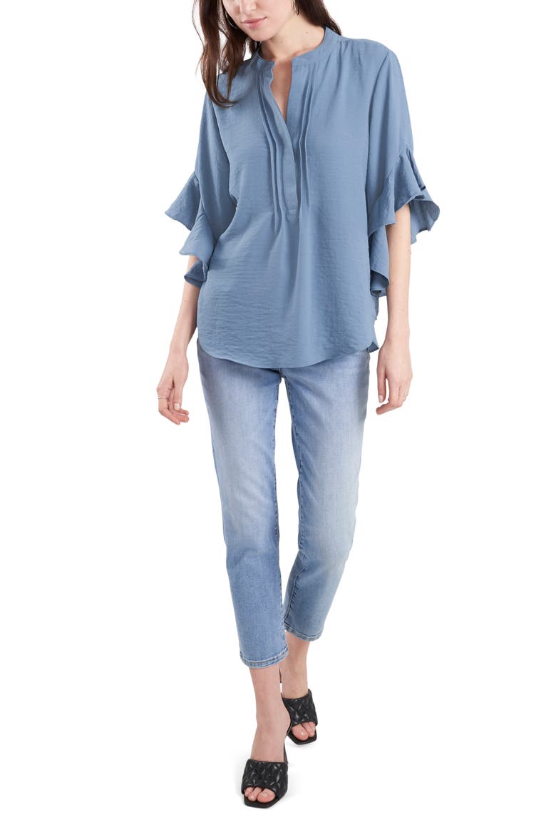 Ruffle Sleeve Split Neck Blouse, Alternate, color, BLUE STONE