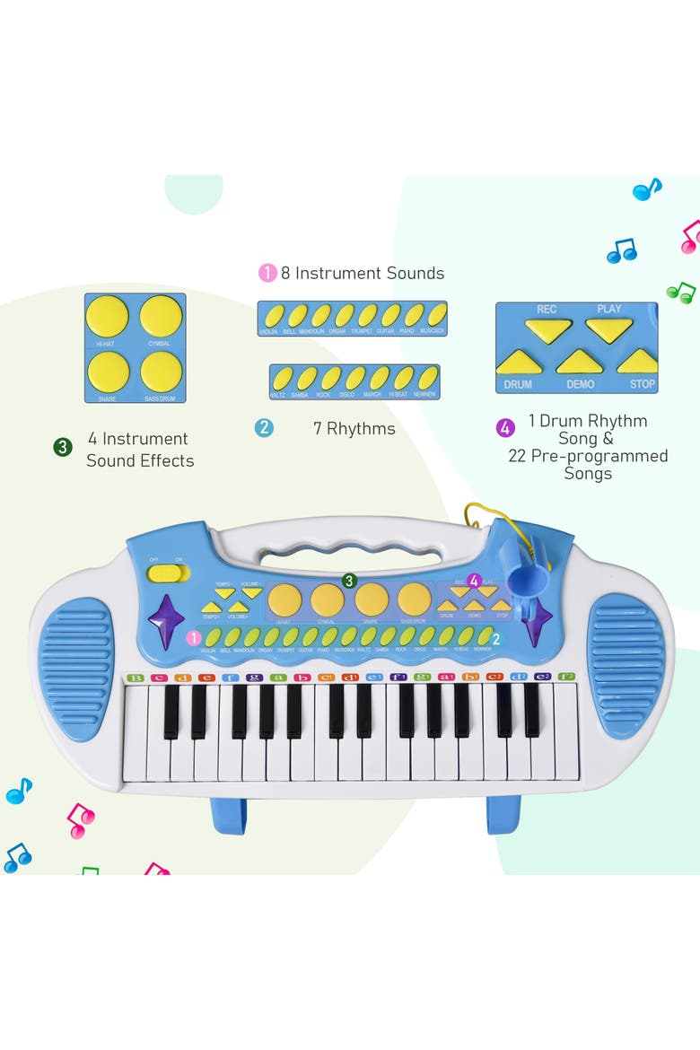 Kids Toy Keyboard Piano, Stool, Microphone, Flashlight, Alternate, color, Blue