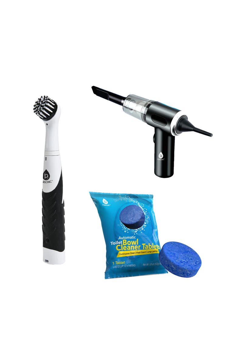 PURSONIC Complete Cleaning Bundle - 2-in-1 Mini Wireless Vacuum
Air Duster + Cordless Power Scrubber Brush + Automatic Toilet Bowl Cleaner Tablets, Main, color,