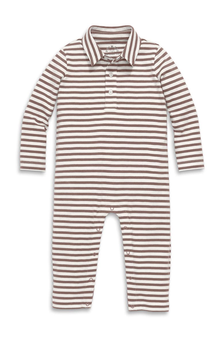Baby Long Sleeve Polo Romper In Mini Stripe, Main, color, Ivory Acorn Stripe
