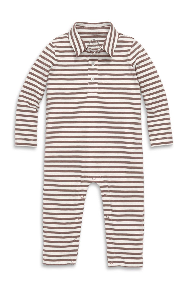 Primary Baby Long Sleeve Polo Romper In Mini Stripe, Main, color, Ivory Acorn Stripe