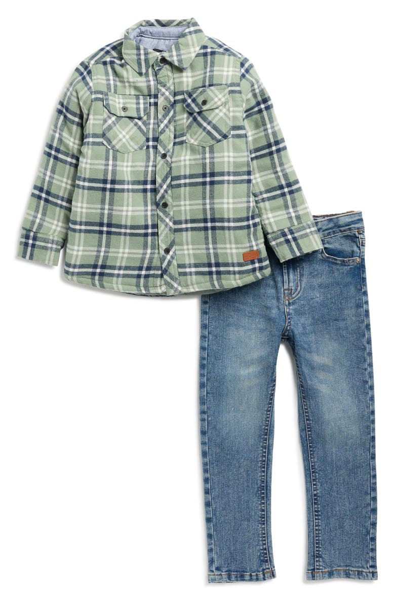 7 For All Mankind Kids' Plaid Button-Up Shirt & Jeans Set, Main, color, Sage