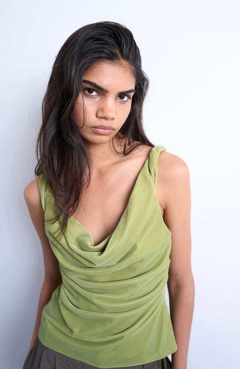 Topshop Twist Shoulder Velvet Top, Main, color, Avocado