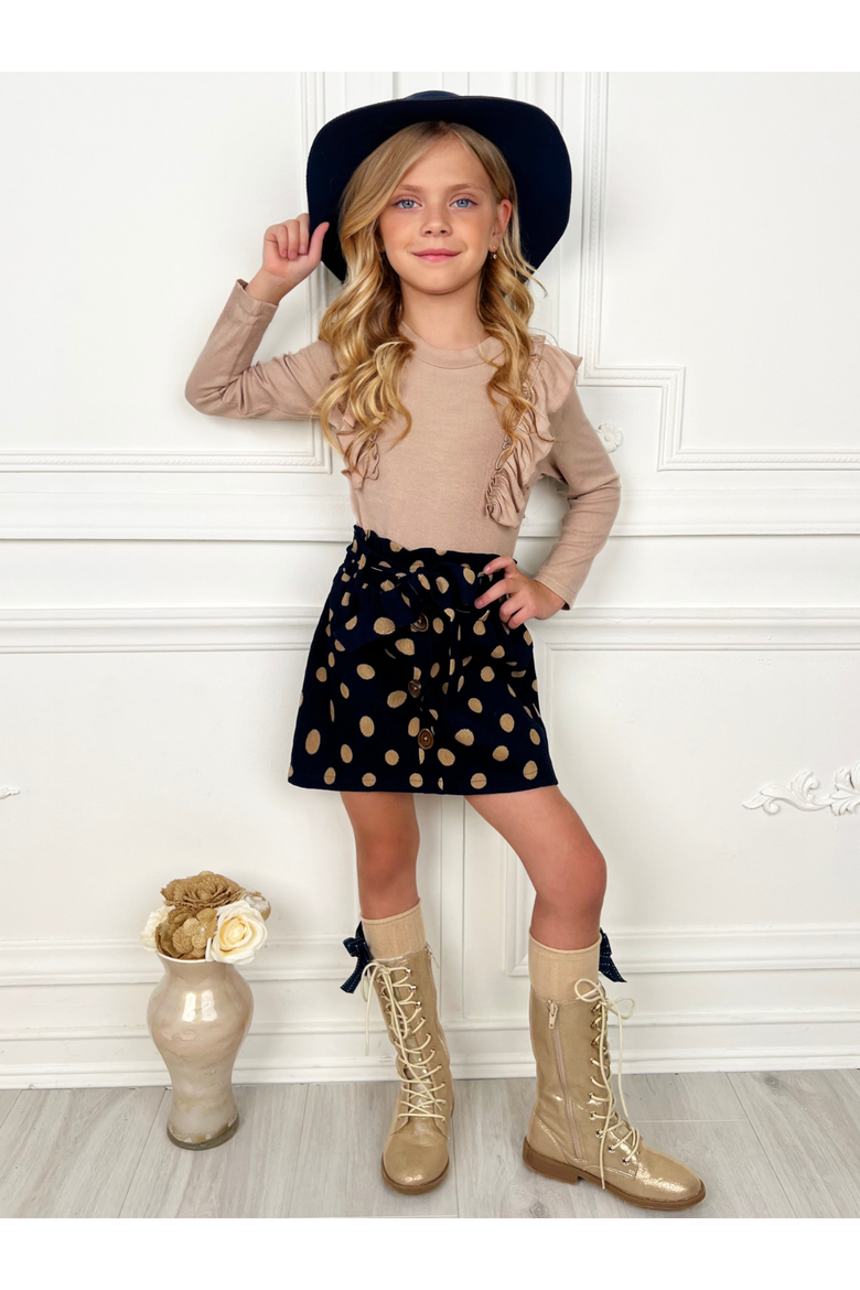 Autumn Dot Ruffled Top and Polka Dot Skirt Set, Alternate, color, Blue