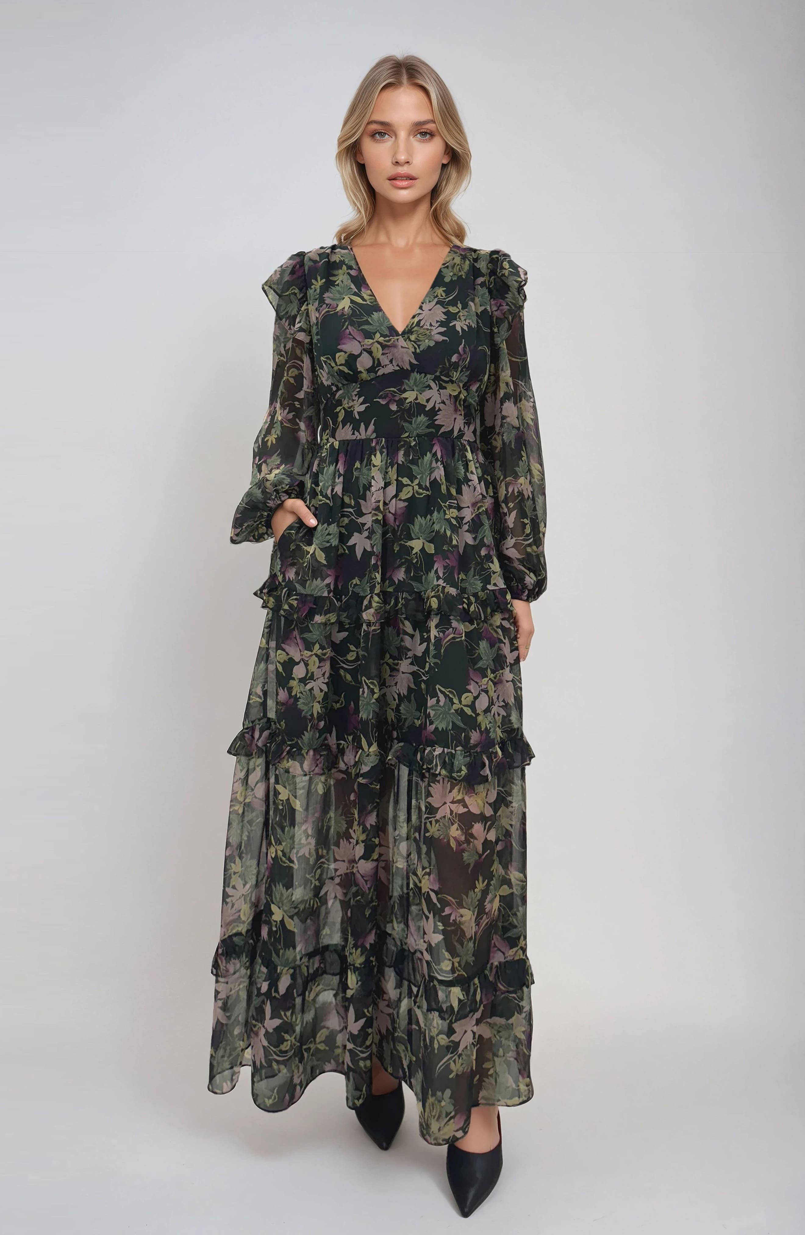 green ruffle dress long sleeve Green Warehouse Tulle Long Sleeve Cinched Waist Maxi Dress