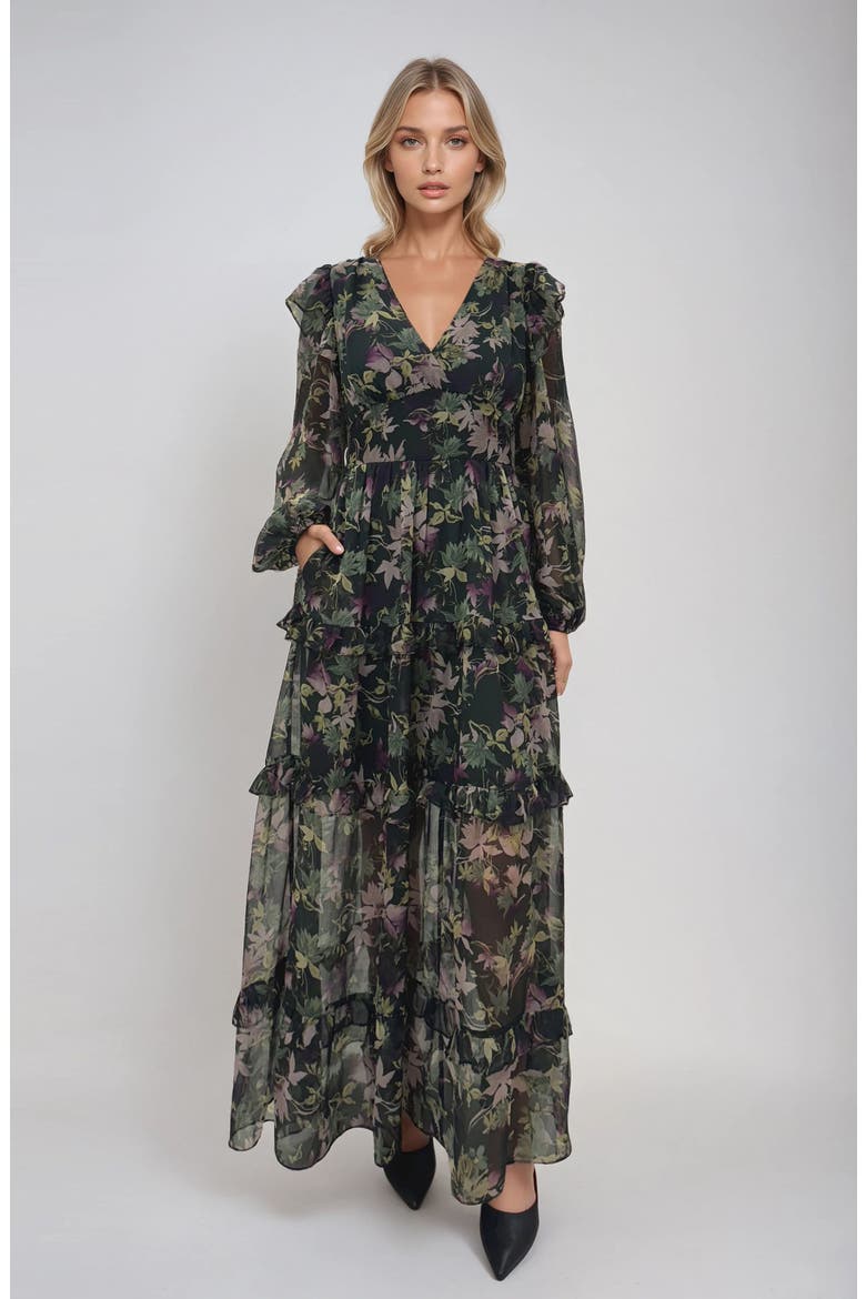 Print Ruffle Long Sleeve Chiffon Maxi Dress, Alternate, color, HUNTER GREEN FLORAL
